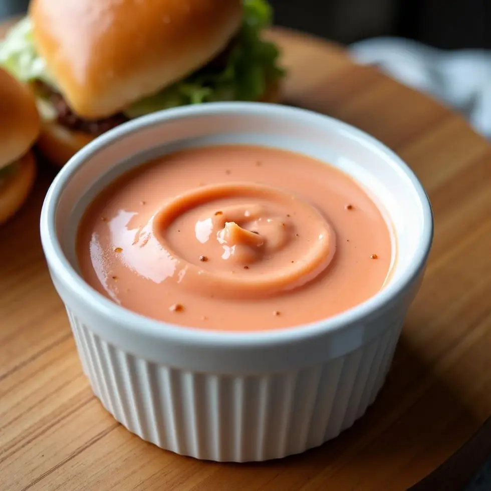 Homemade burger sauce in a white ramekin, pale coral pink and creamy with pickle relish flecks — best burger sauce recipe