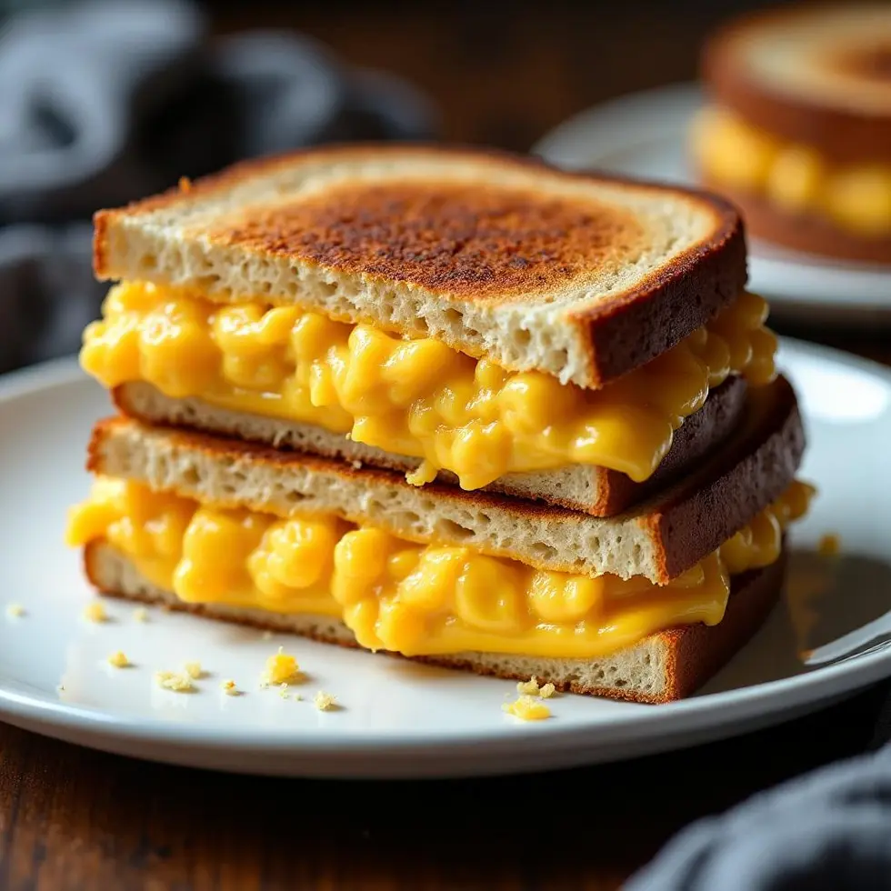 Stacked breakfast sandwich cut in half, showing fluffy eggs and melted cheese inside