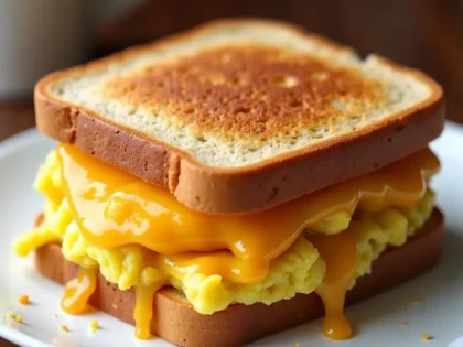 Breakfast sandwich with scrambled eggs and melted cheddar on toasted bread, served on a white plate