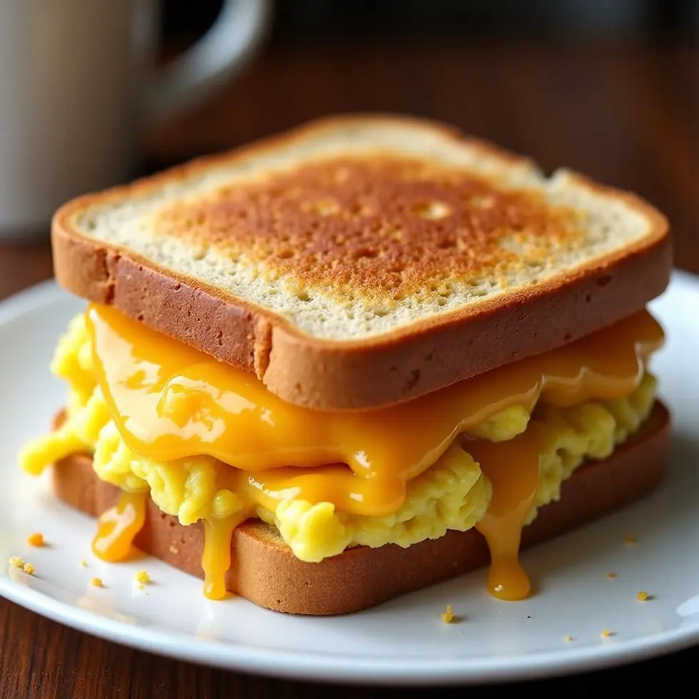 Breakfast sandwich with scrambled eggs and melted cheddar on toasted bread, served on a white plate