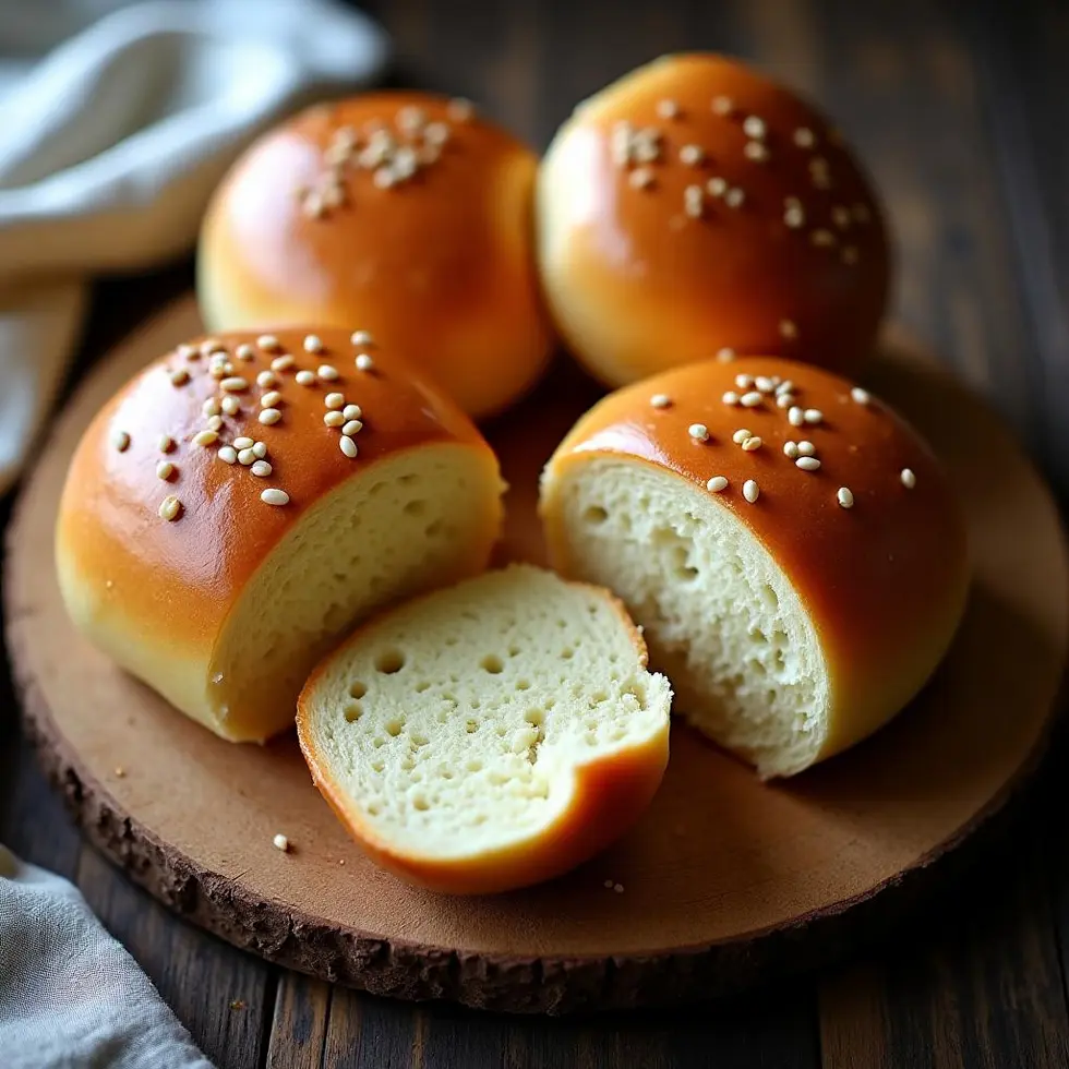 Sliced brioche buns showing soft buttery crumb inside