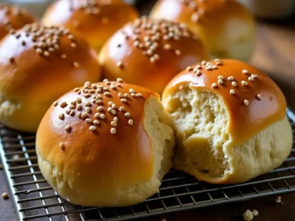 Golden brioche burger buns with sesame seeds on a wire rack
