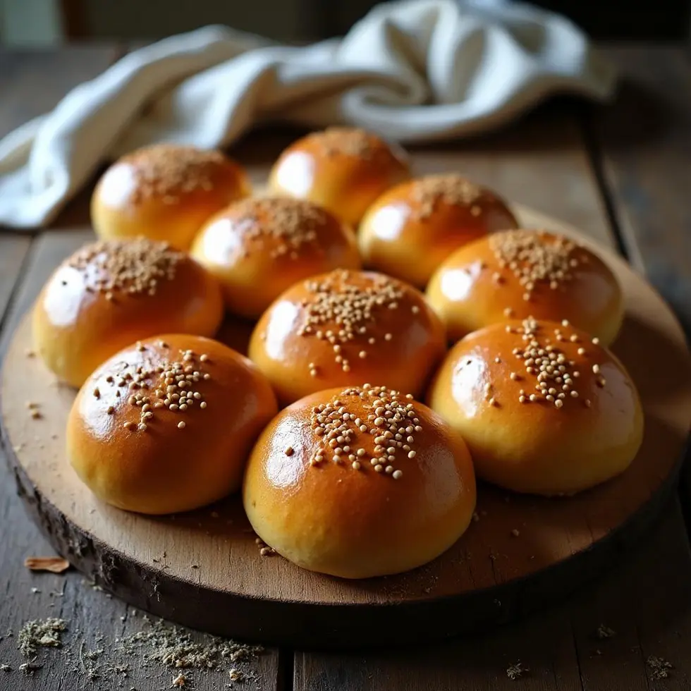 Golden brioche burger buns with sesame seeds on a wooden board — brioche burger bun recipe