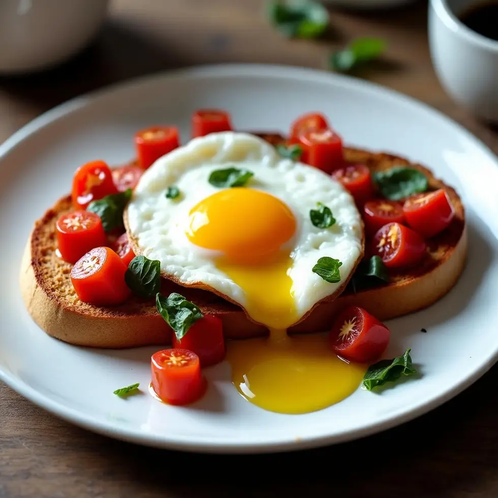 Close-up of runny egg yolk flowing over tomato basil topping on crispy toast