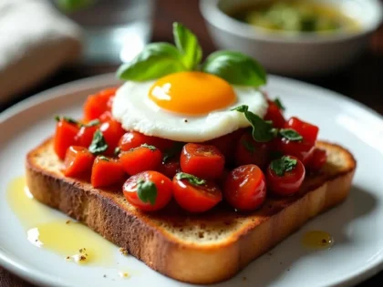 Bruschetta breakfast toast topped with diced tomatoes, basil, and a fried egg with runny yolk on a white plate