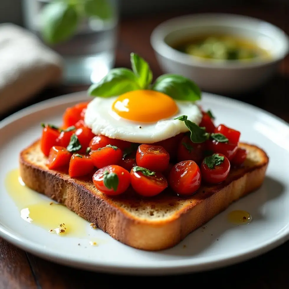 Bruschetta breakfast toast topped with diced tomatoes, basil, and a fried egg with runny yolk on a white plate