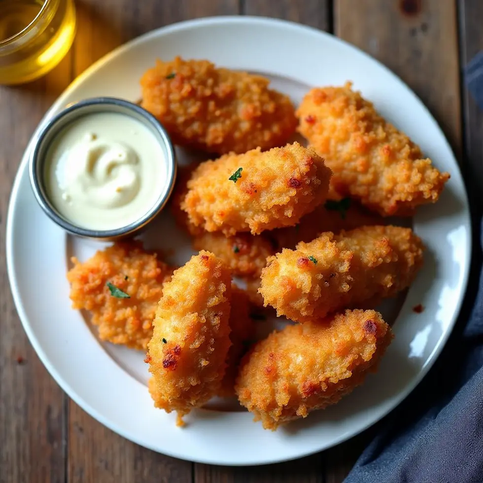 Crispy tenders served with a small bowl of dipping sauce on the side