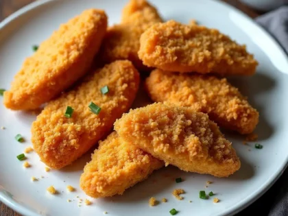 Golden brown chicken tenders with crispy coating on a white plate