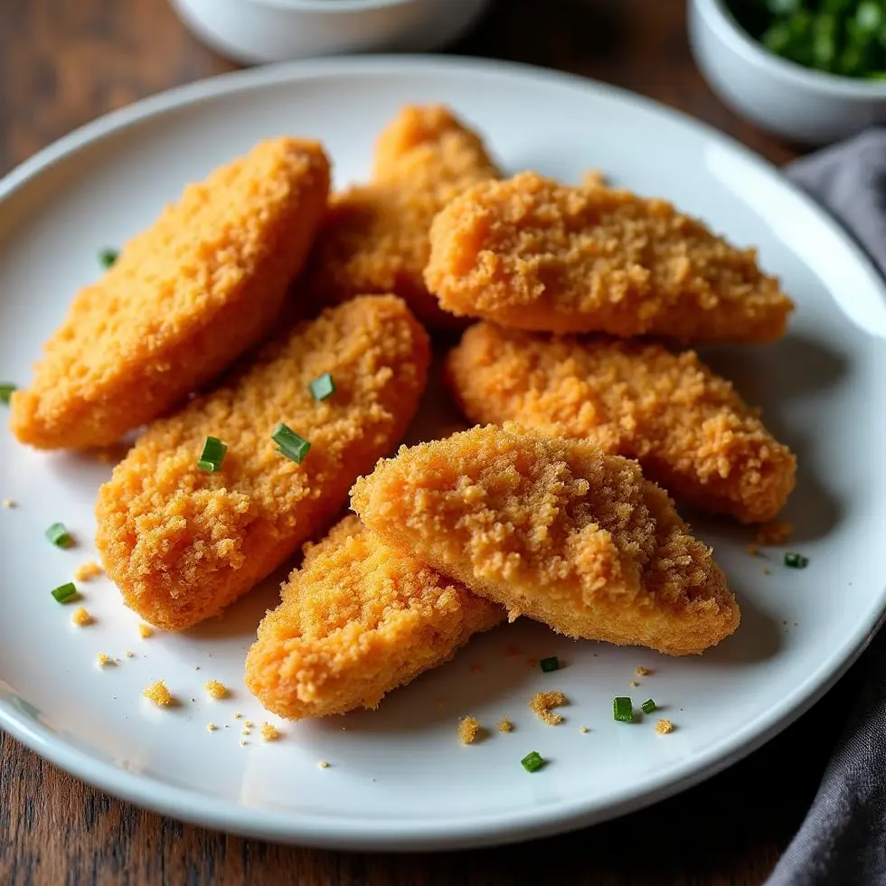 Golden brown chicken tenders with crispy coating on a white plate — buttermilk chicken tender recipe