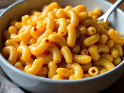 Cheeseburger mac and cheese in a ceramic bowl, creamy cheddar sauce coating elbow macaroni with beef crumbles