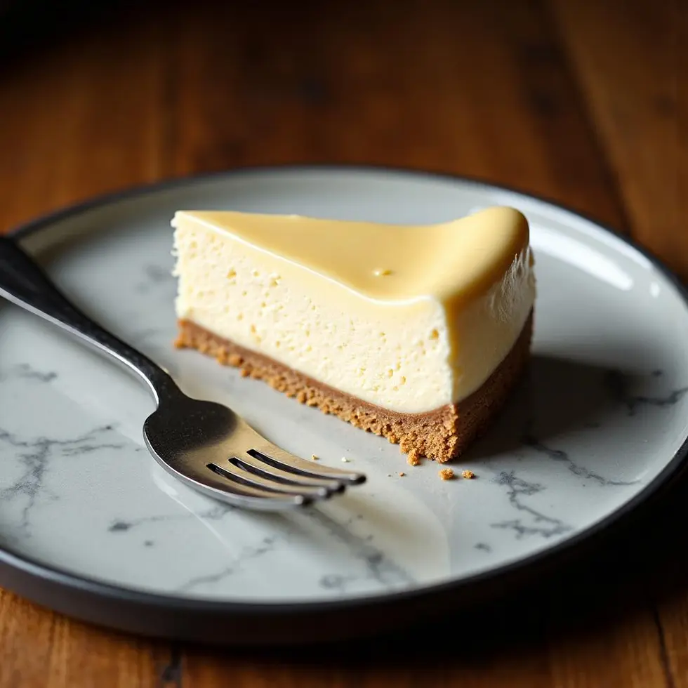 Tall slice showing dense cream cheese filling and buttery crust on a white plate