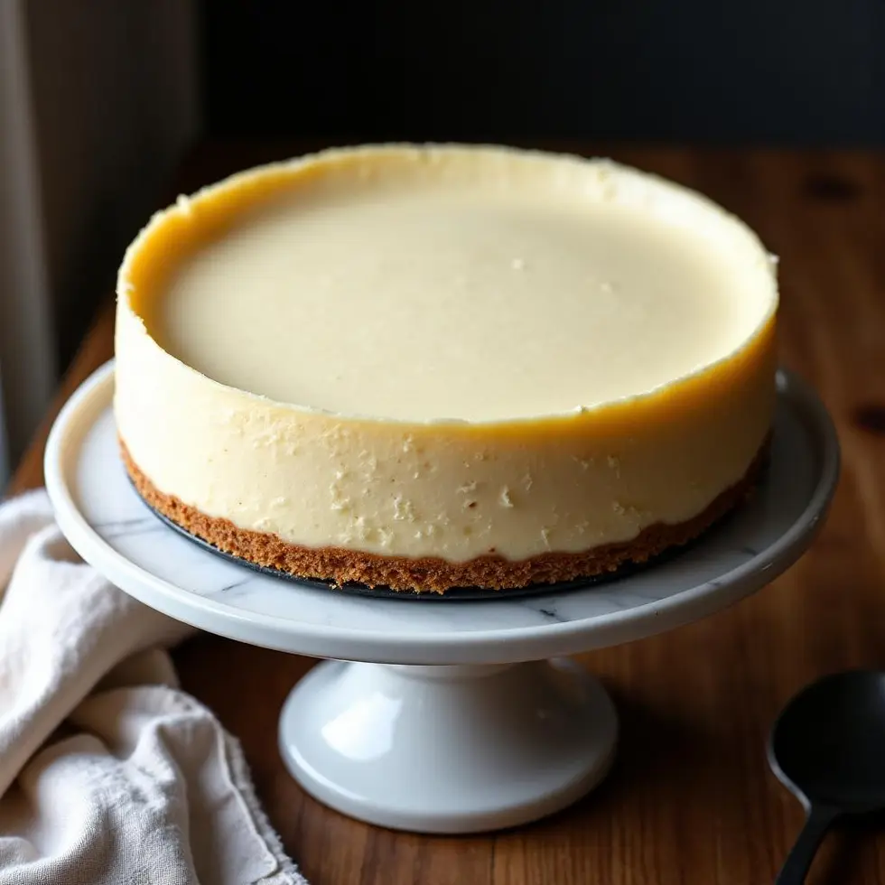 Whole cheesecake with smooth ivory filling and golden graham crust on a white cake stand — cheesecake factory cheesecake copycat recipe
