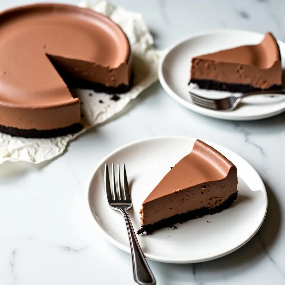 Two slices of layered chocolate mousse cheesecake plated with forks on marble surface