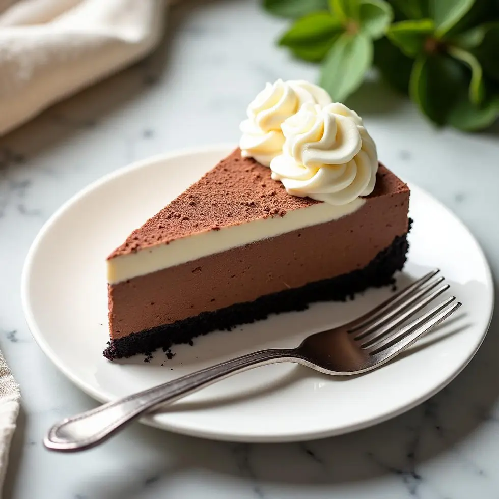 Spreading whipped cream over chilled chocolate cheesecake in springform pan with offset spatula