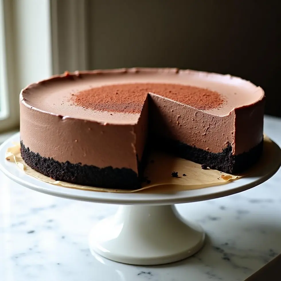 Single slice showing three distinct layers: cookie crust, chocolate cheesecake, and mousse top