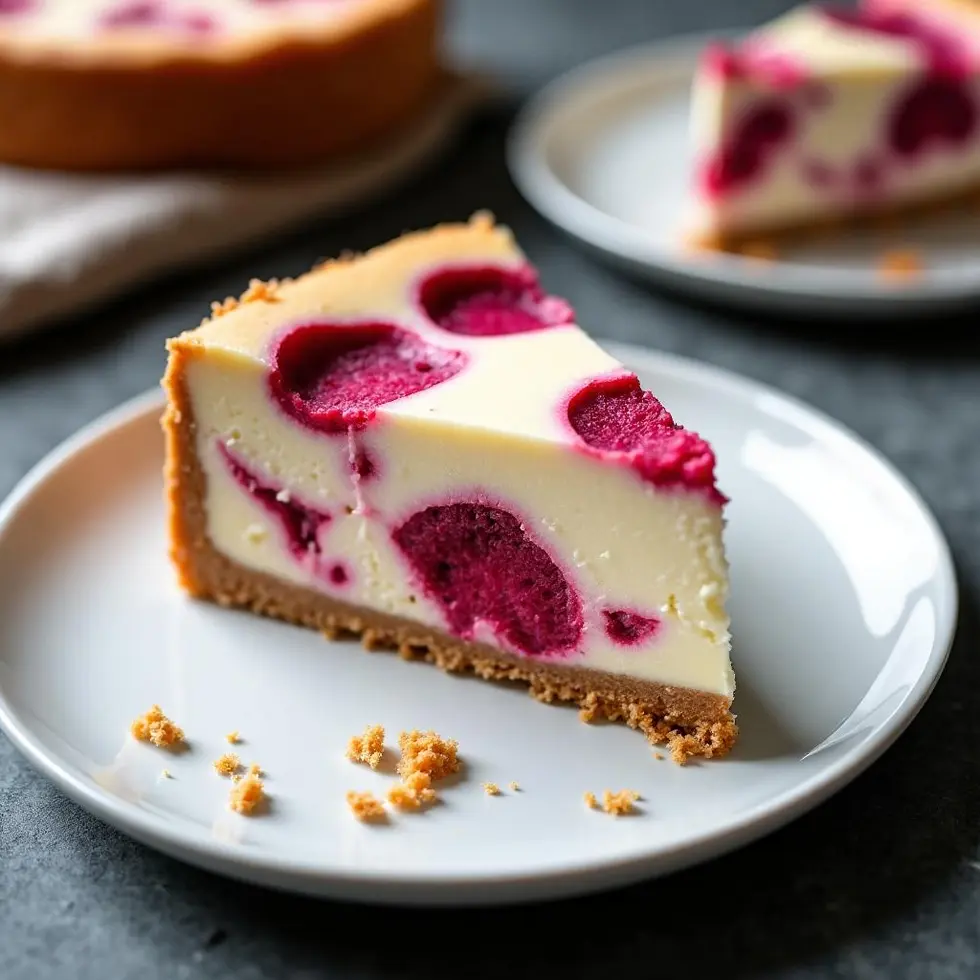 Slice of lemon raspberry cheesecake with pink swirls on a white plate