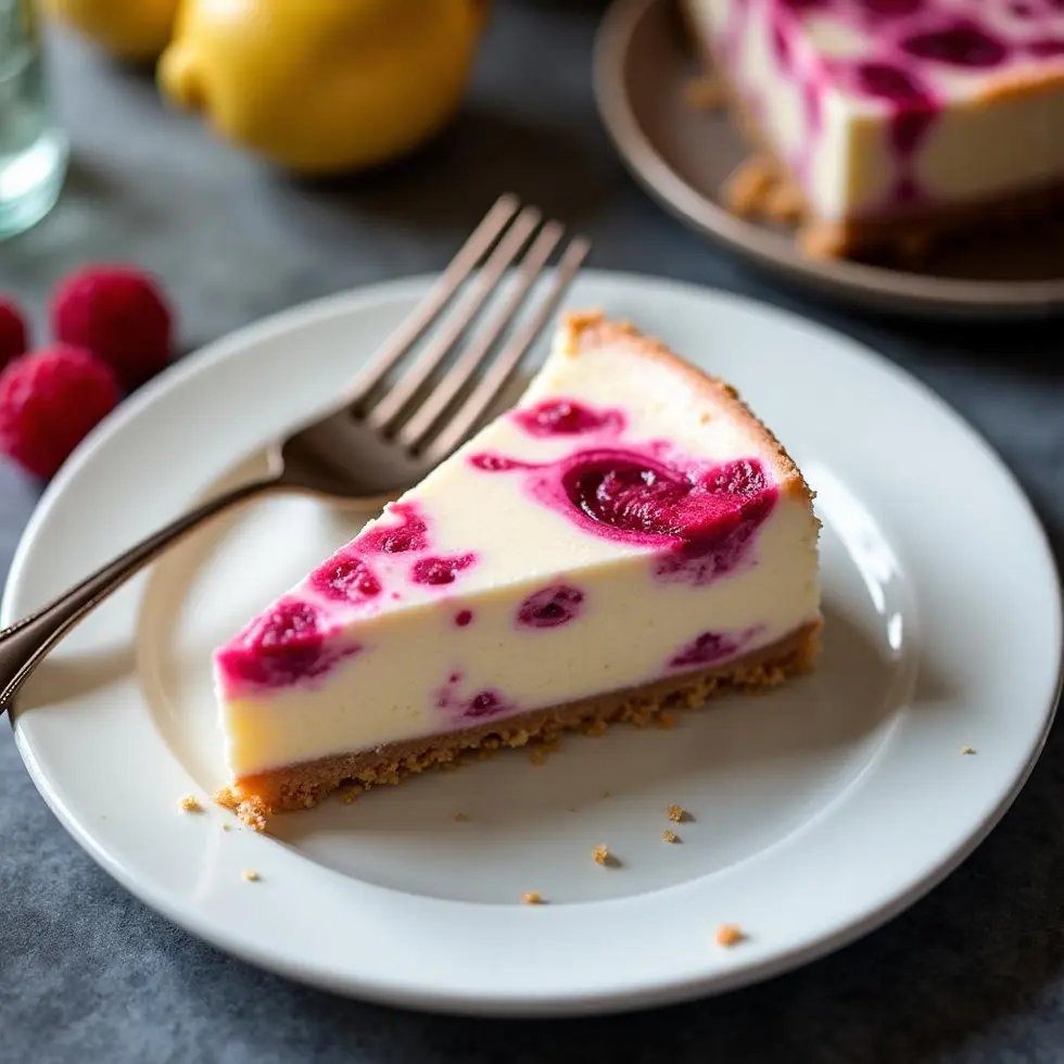 Cheesecake slice plated with a dessert fork beside it