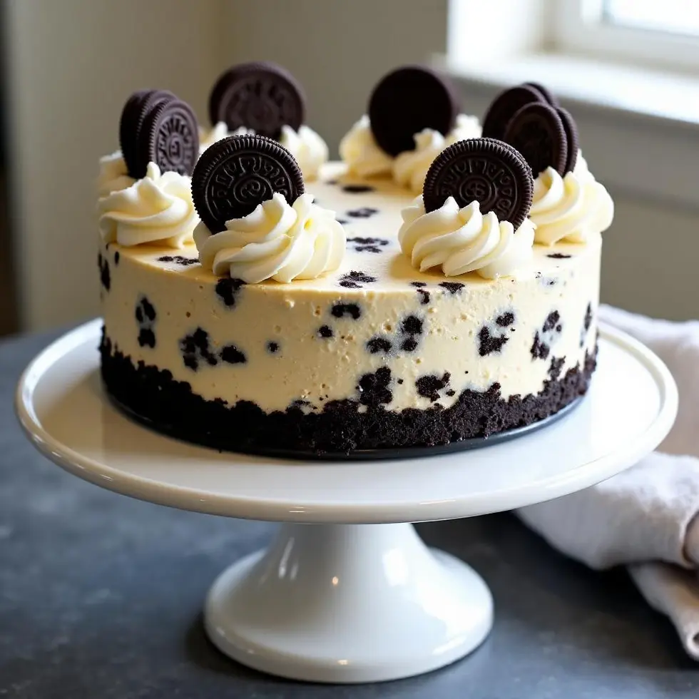 Single slice showing the layered cookie crust and creamy filling with visible Oreo pieces throughout