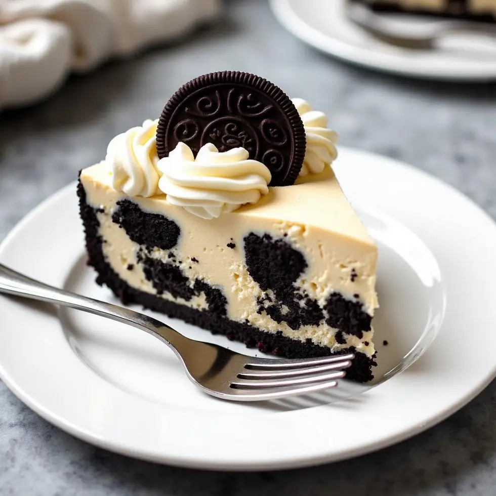 Slice showing the layered cookie crust, creamy filling, and whipped cream garnish