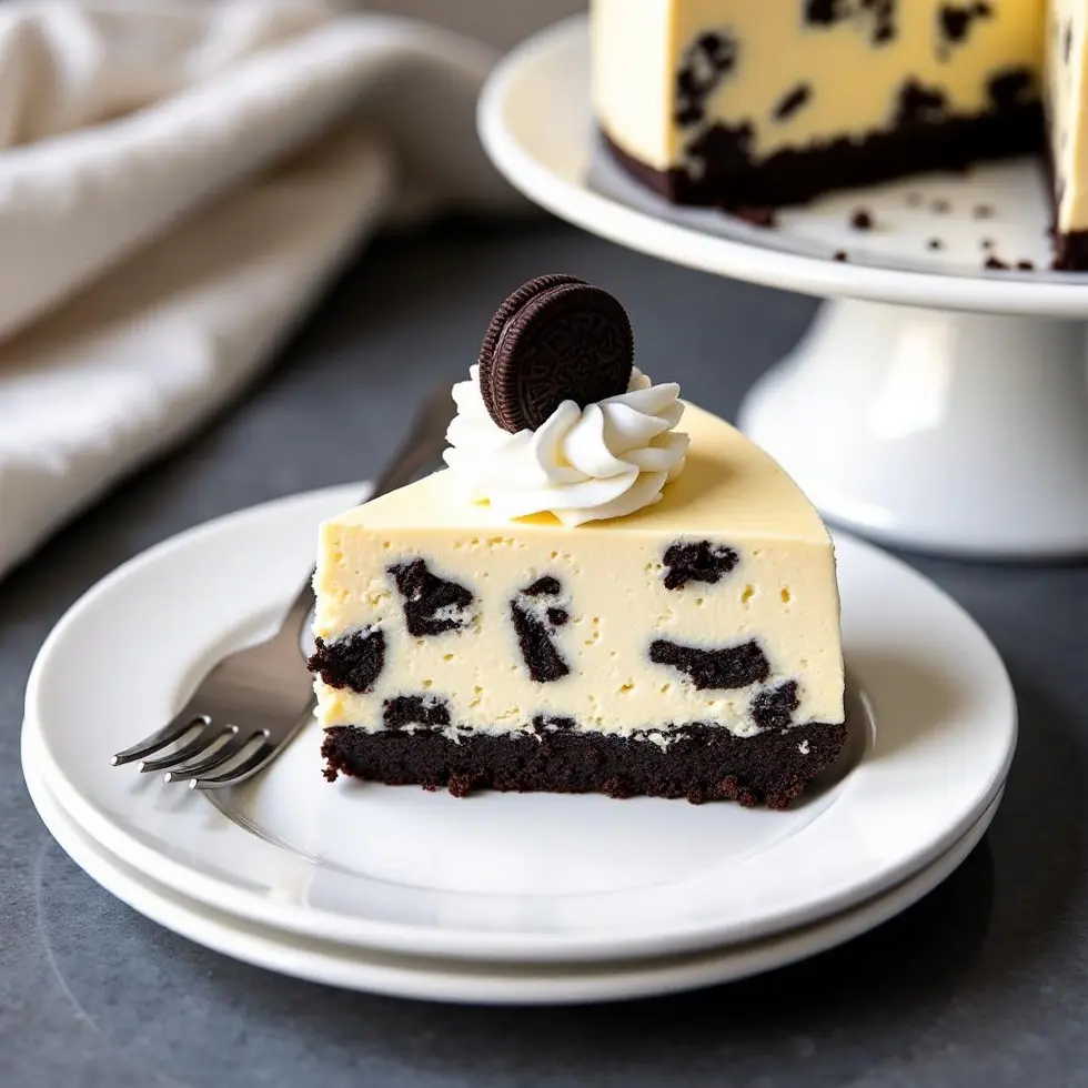 Mixing bowl with creamy cheesecake batter and Oreo chunks being folded together with a spatula