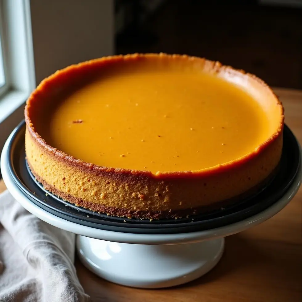 Single slice showing graham crust layer and smooth spiced pumpkin filling on white plate