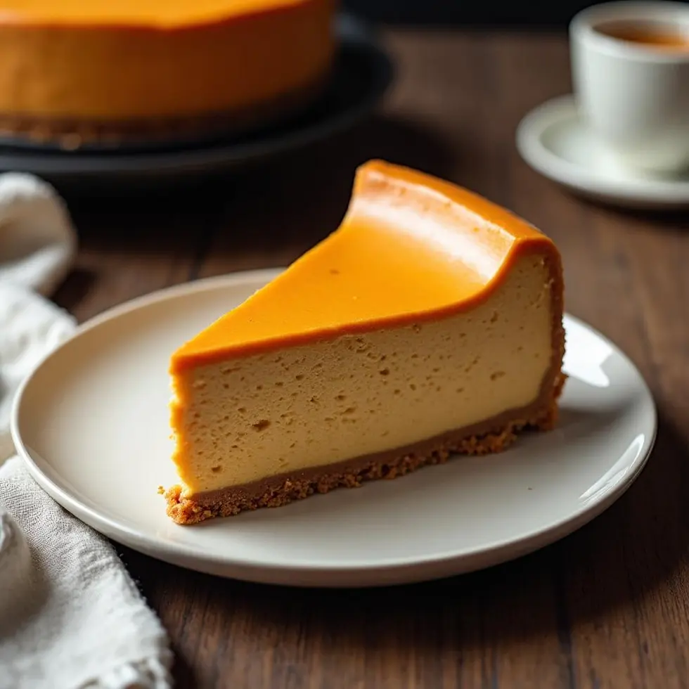 Single slice showing layered crust and smooth spiced filling on a white plate