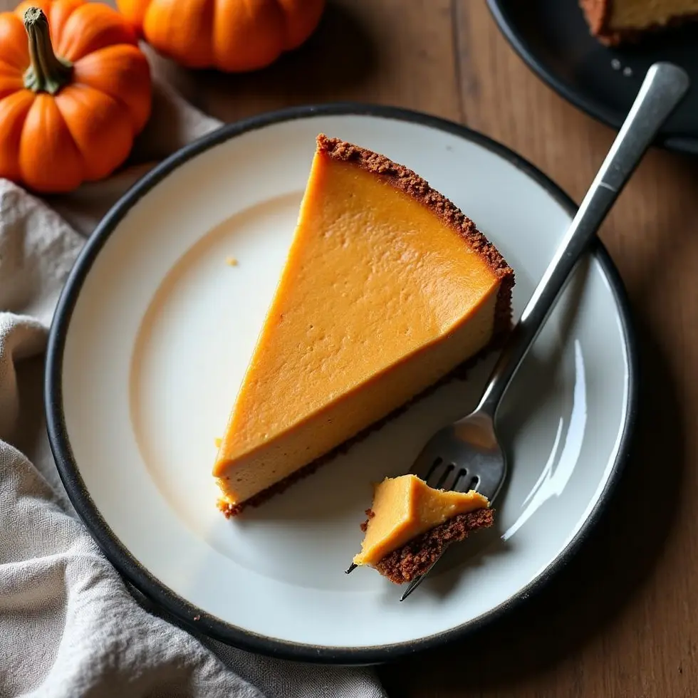 Pouring creamy pumpkin filling into springform pan with graham crust base