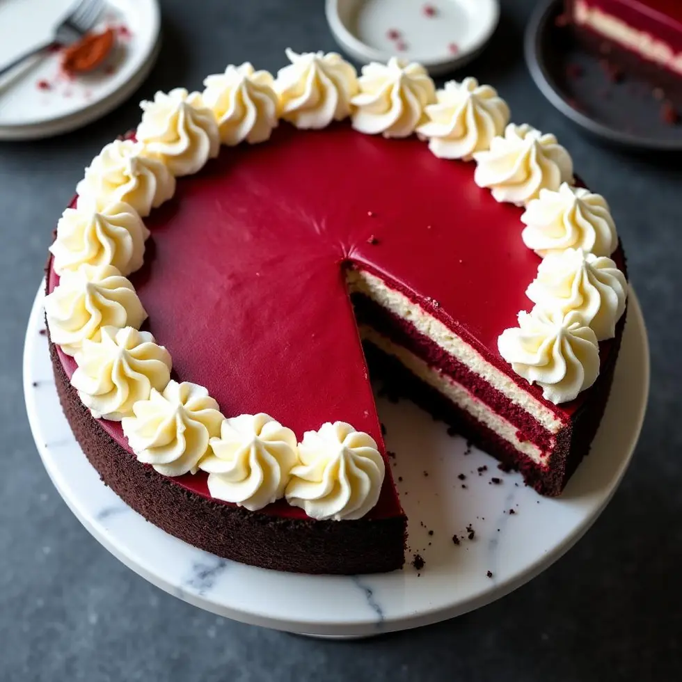 Slice showing red velvet layers, cream cheese filling, and cookie crust on white plate