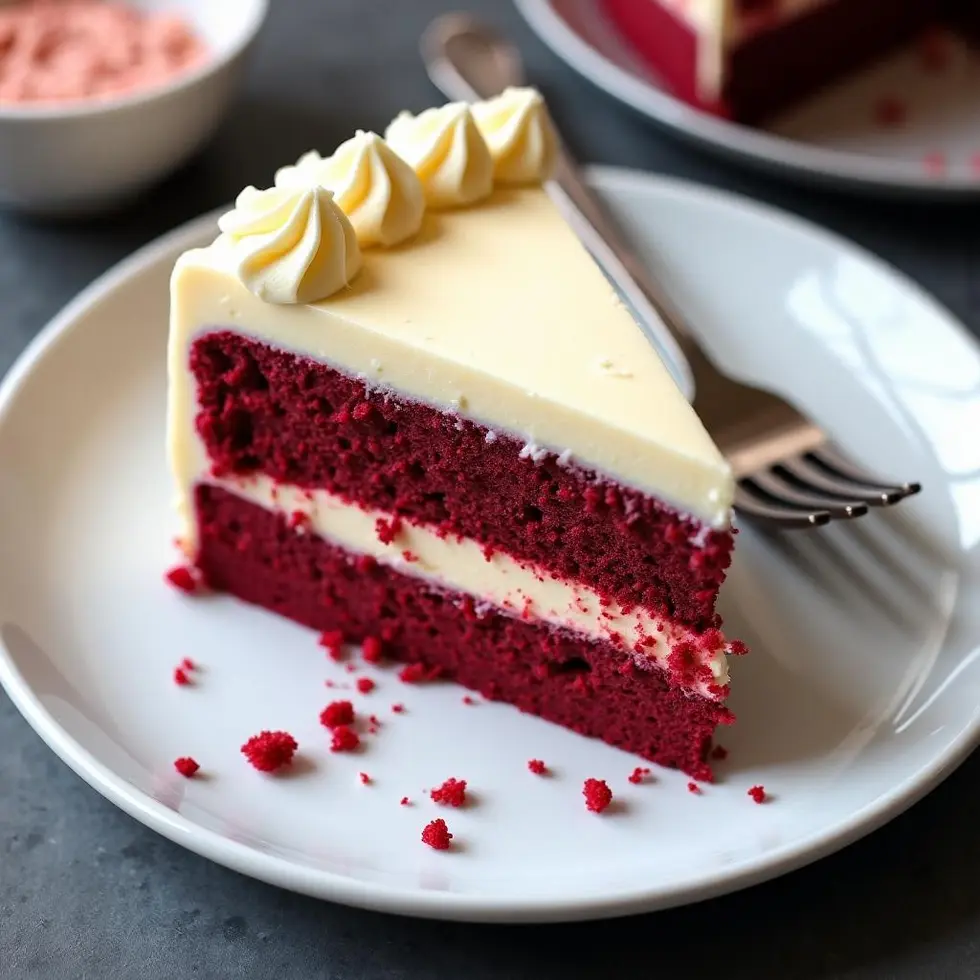Slice of layered red velvet cheesecake showing cake and cream cheese layers on a plate