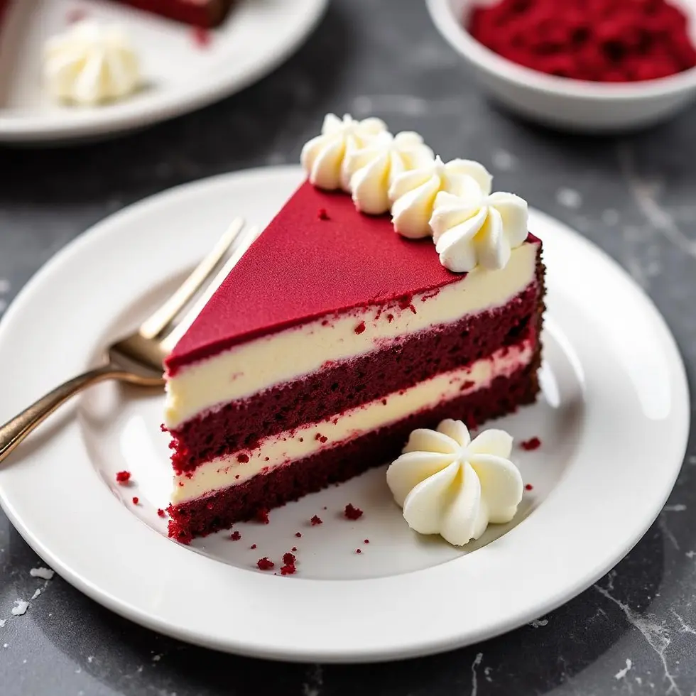 Deep red batter being poured into springform pan over chocolate cookie crust