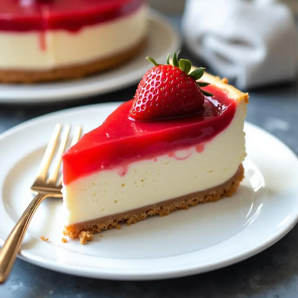 Single slice of strawberry cheesecake on white plate showing layered structure