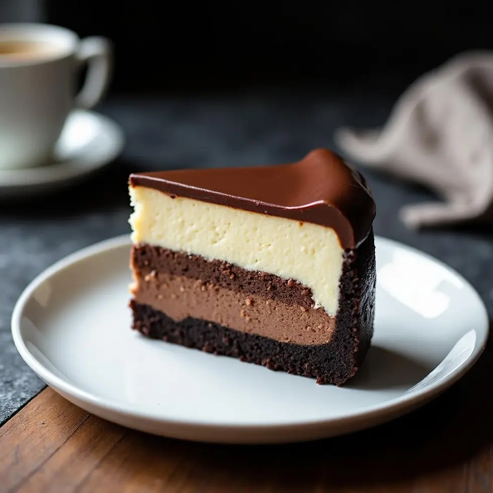 Slice of tuxedo cheesecake showing chocolate and vanilla layers with dark cookie crust on white plate — cheesecake factory tuxedo cheesecake copycat