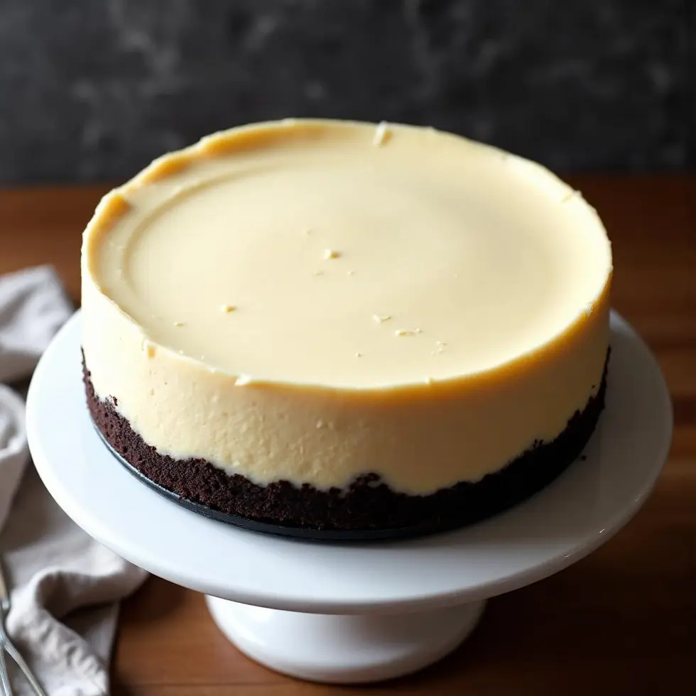 Whole layered cheesecake on cake stand with smooth vanilla top and chocolate crust base