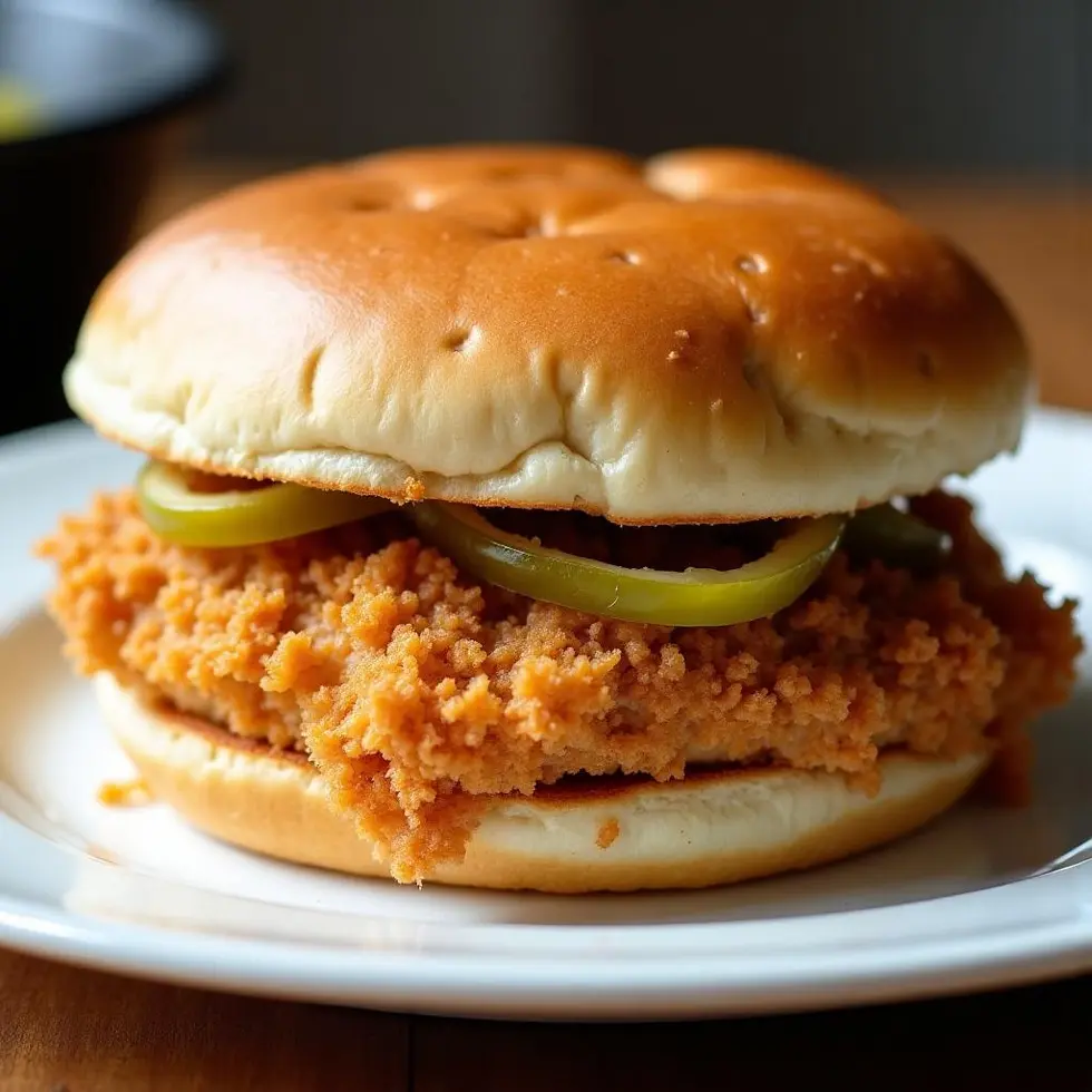 Cross-section showing juicy fried chicken with crispy breading and pickles inside bun