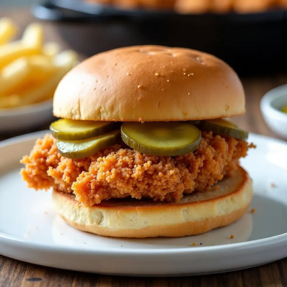 Crispy chicken sandwich on toasted brioche bun with pickles on a white plate — chick fil a chicken copycat