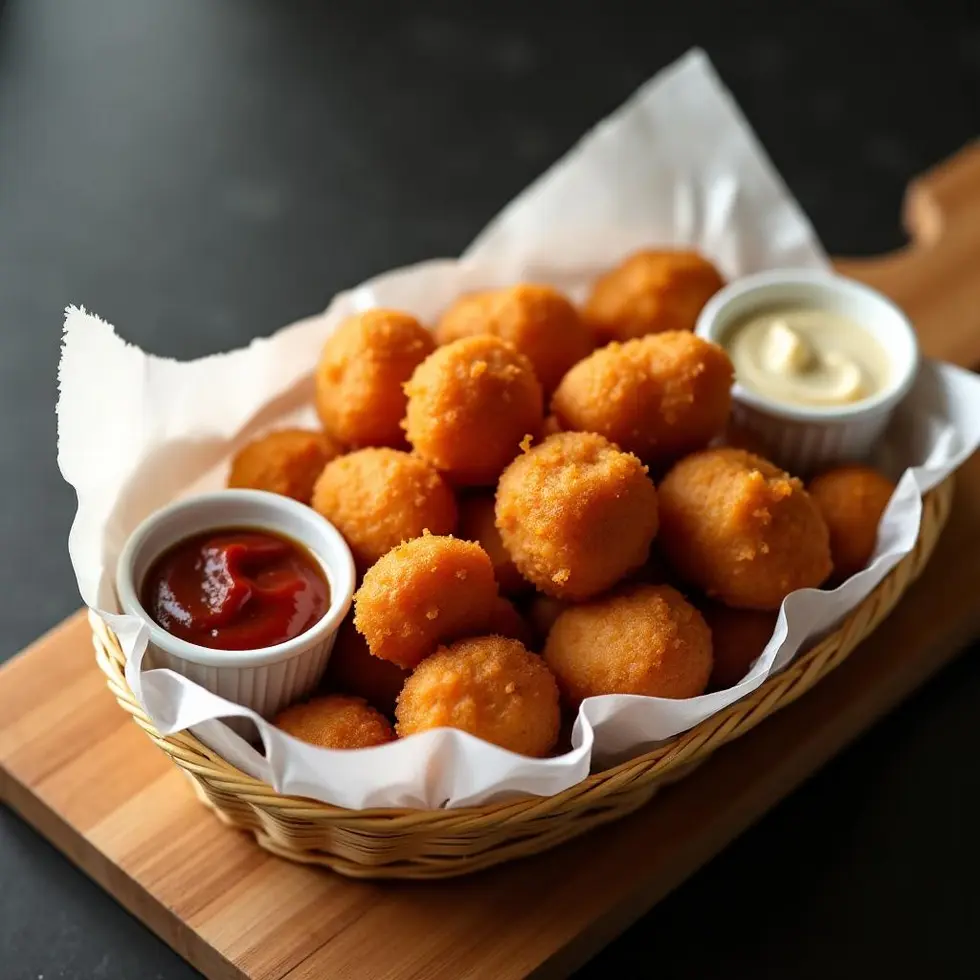 Crispy nuggets served with two creamy dipping sauces in small ramekins