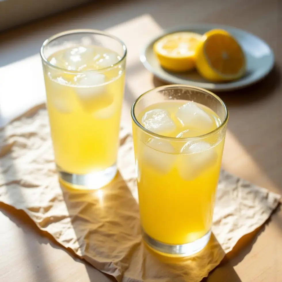 Two glasses of homemade lemonade with ice served on a wooden table with lemon slices