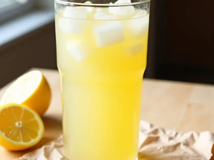 Tall glass of pale yellow copycat lemonade with ice cubes and condensation on a wooden table