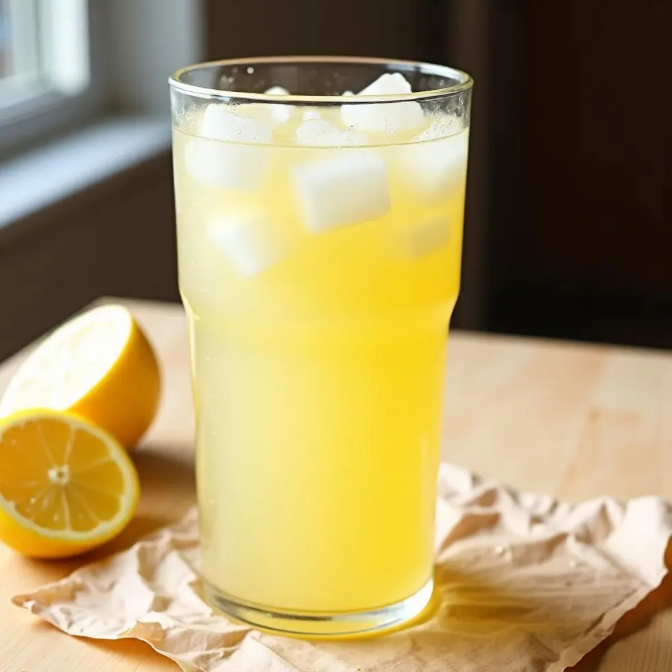 Tall glass of pale yellow copycat lemonade with ice cubes and condensation on a wooden table — chick fil a lemonade recipe