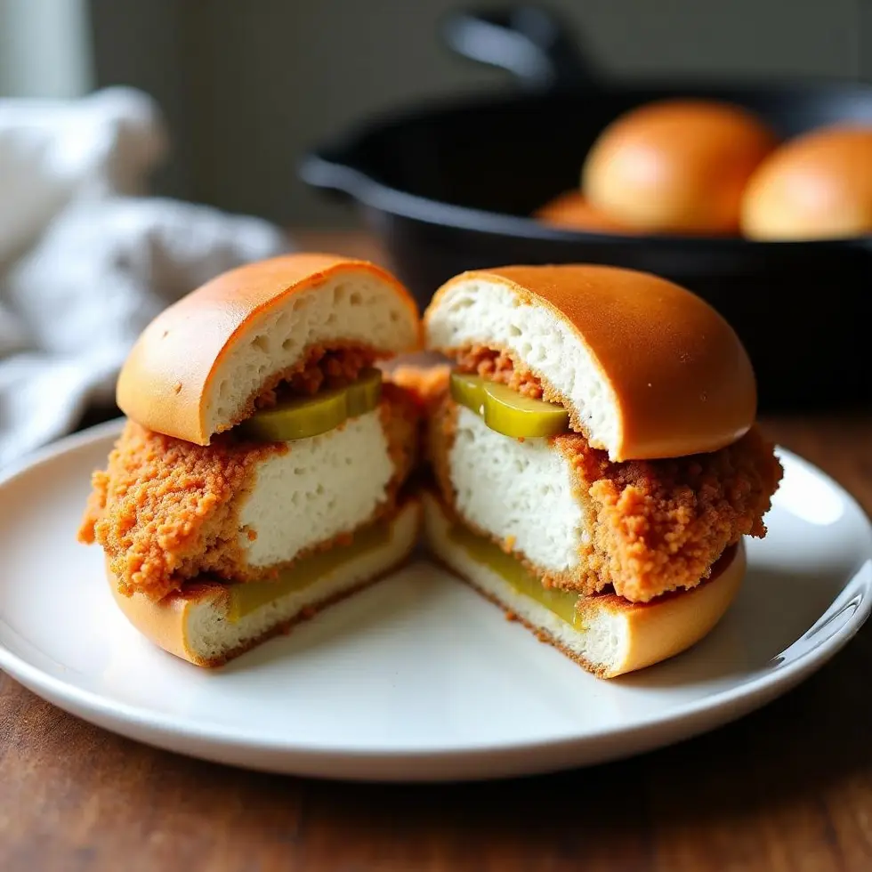 Sandwich cut in half revealing crisp breaded coating and juicy cooked chicken interior