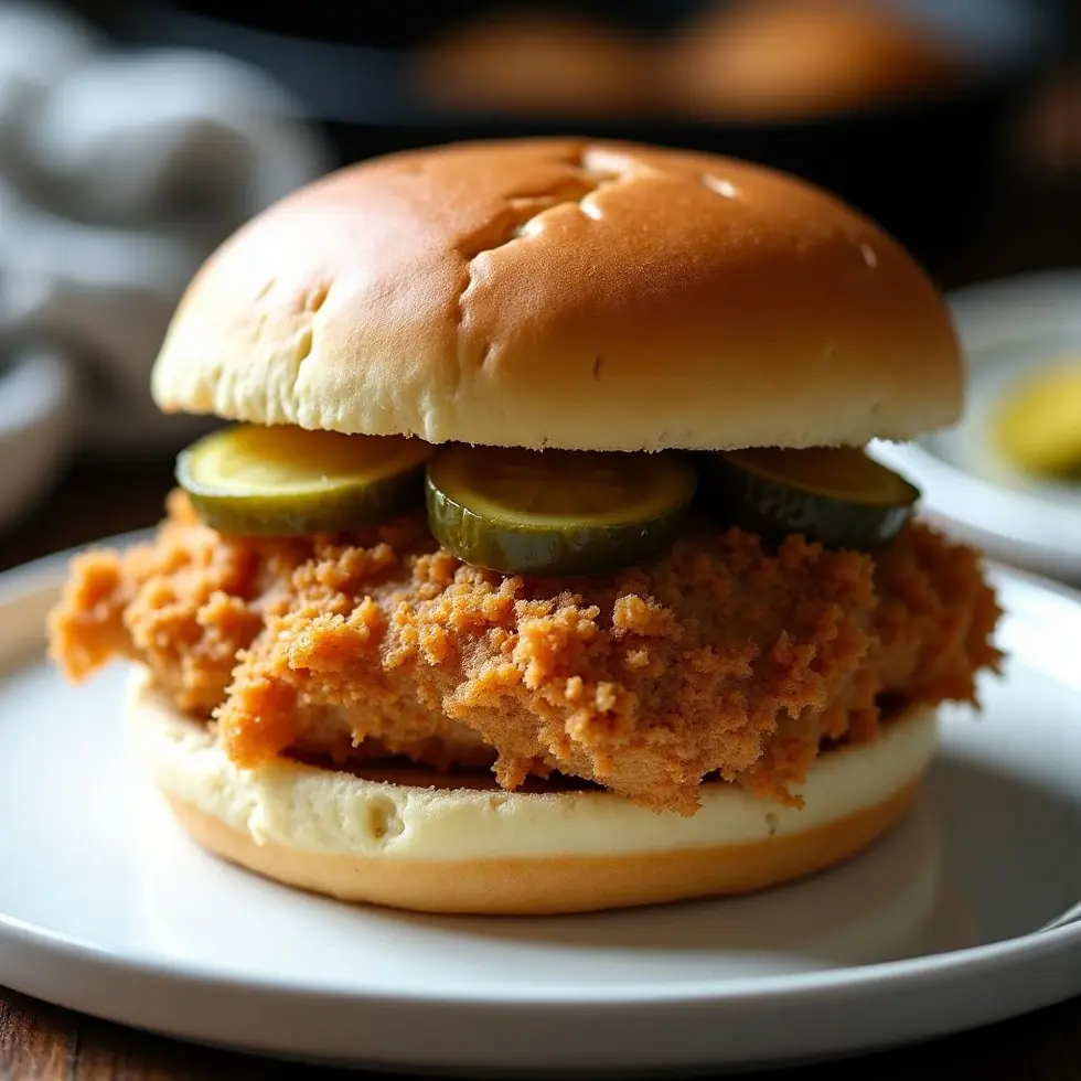 Golden brown fried chicken sandwich on toasted brioche bun with pickle slices on a white plate — chick fil a recipe for chicken sandwich