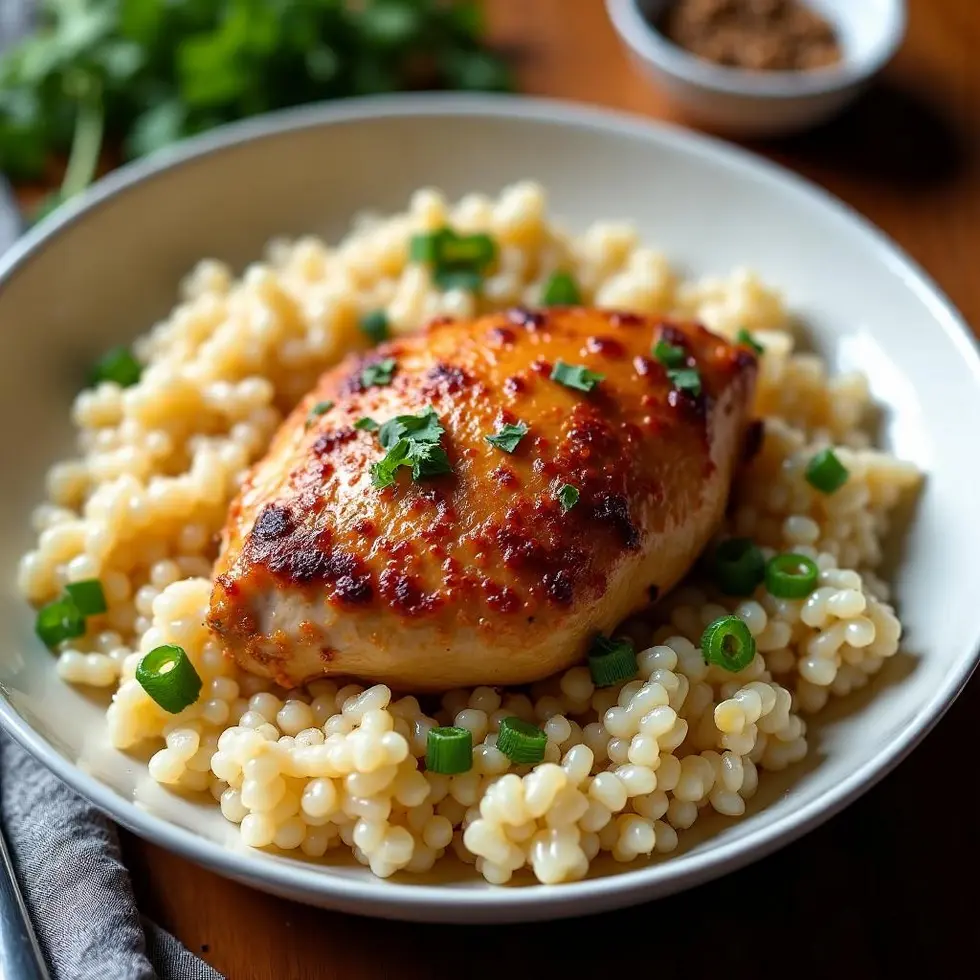 Serving of chicken and rice in a white bowl with tender rice and browned chicken skin