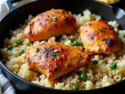 Golden chicken thighs with crispy skin resting on fluffy white rice in a cast-iron skillet