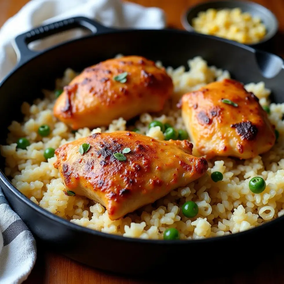 Golden chicken thighs with crispy skin resting on fluffy white rice in a cast-iron skillet