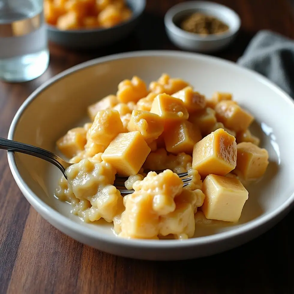 Serving of creamy chicken casserole in a white bowl with fork