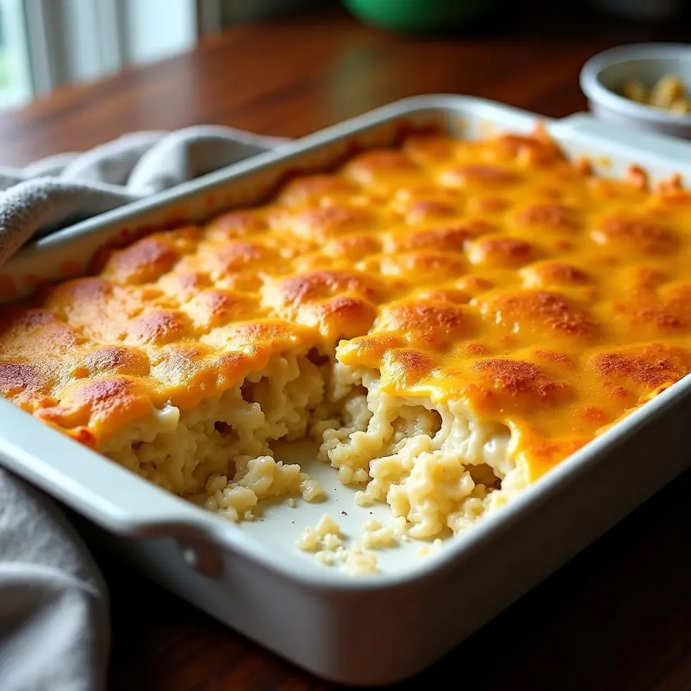 Chicken bake casserole with golden melted cheese in a baking dish — chicken bake casserole recipes