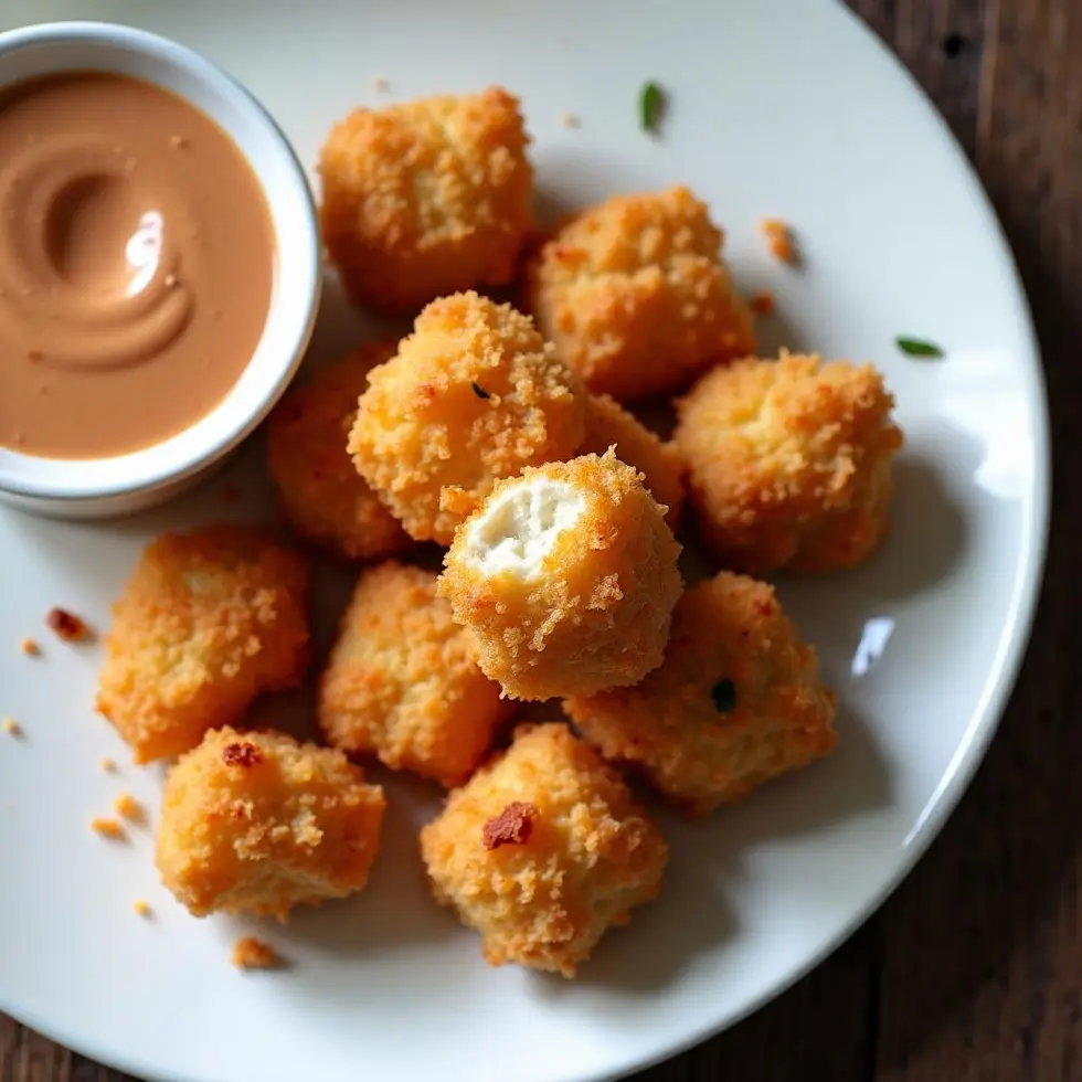 Crispy chicken bites served with dipping sauce in a small ramekin