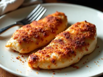 Golden brown air fryer chicken breast on white plate, sliced to show juicy interior