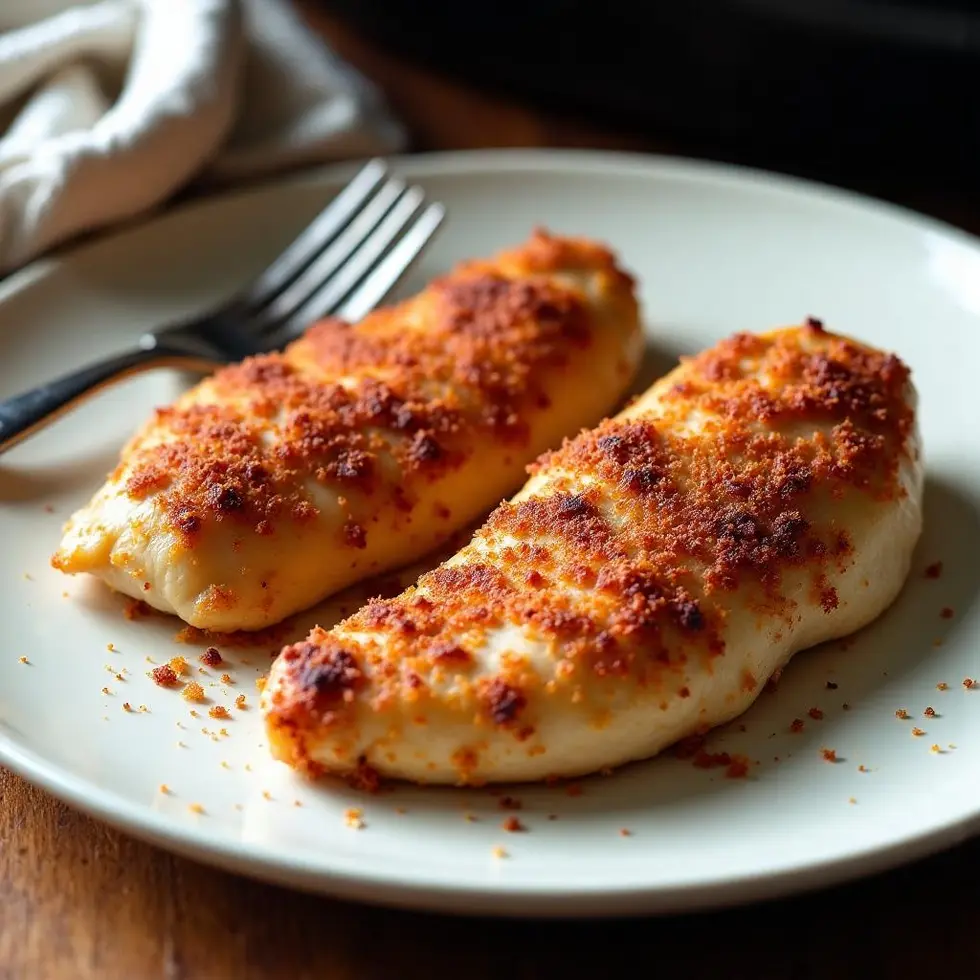 Golden brown air fryer chicken breast on white plate, sliced to show juicy interior