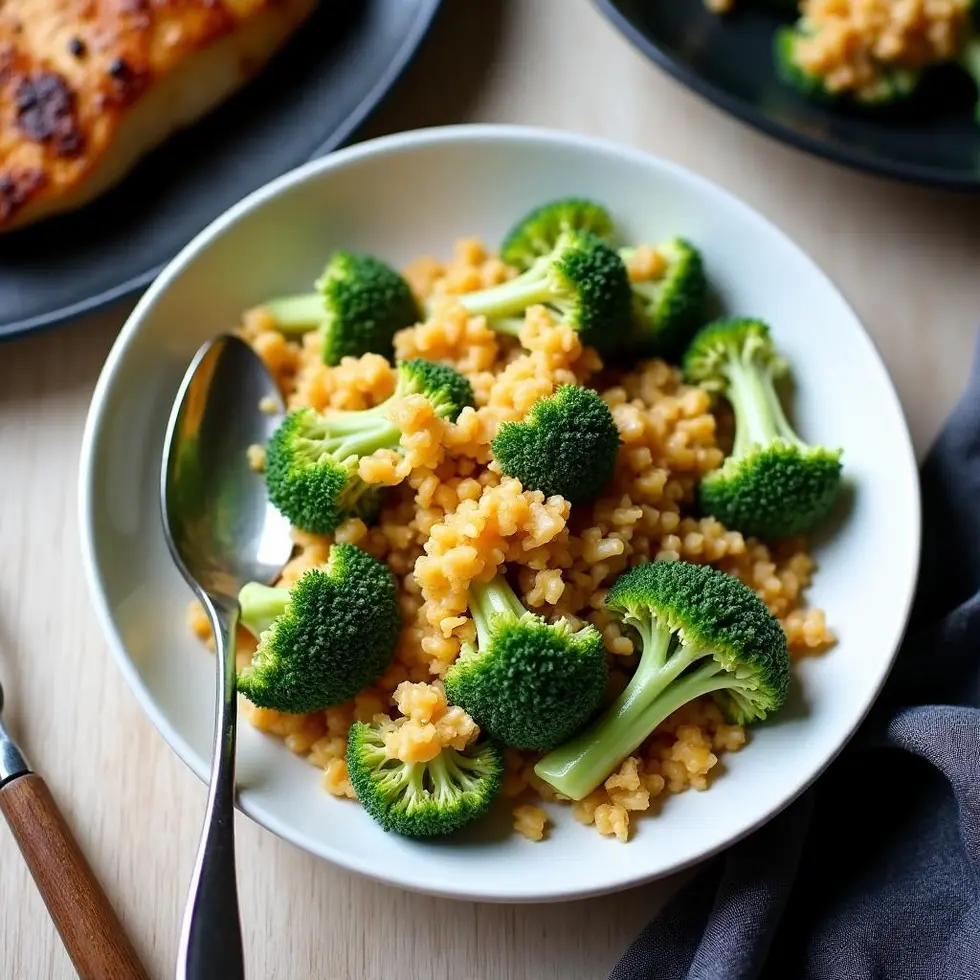 Chilled broccoli salad served alongside grilled chicken on a dinner plate